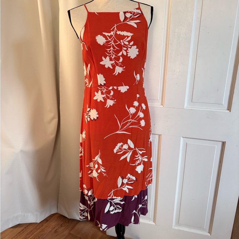 Ann Taylor Orange Floral Midi Dress with Purple Hem